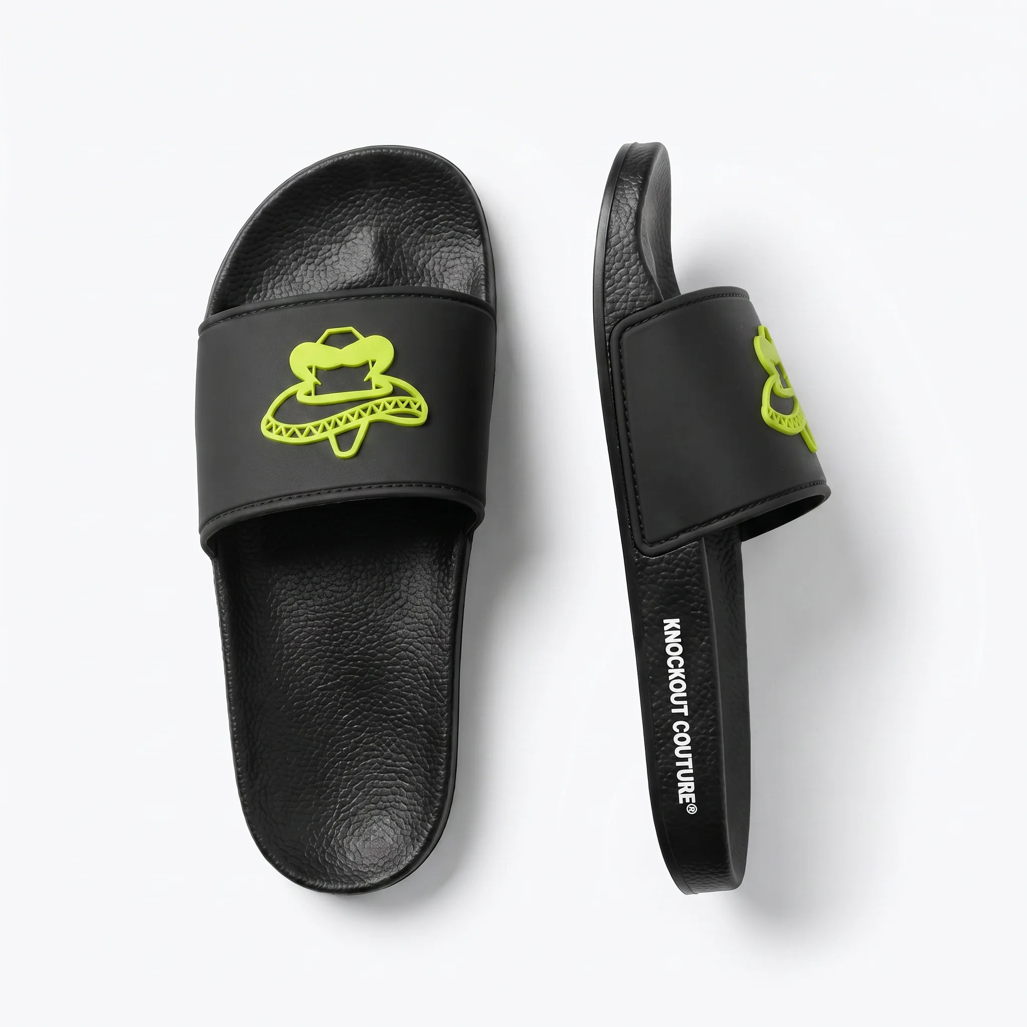 Chanclas Knockout Slides Emblem negras con emblema en verde lima